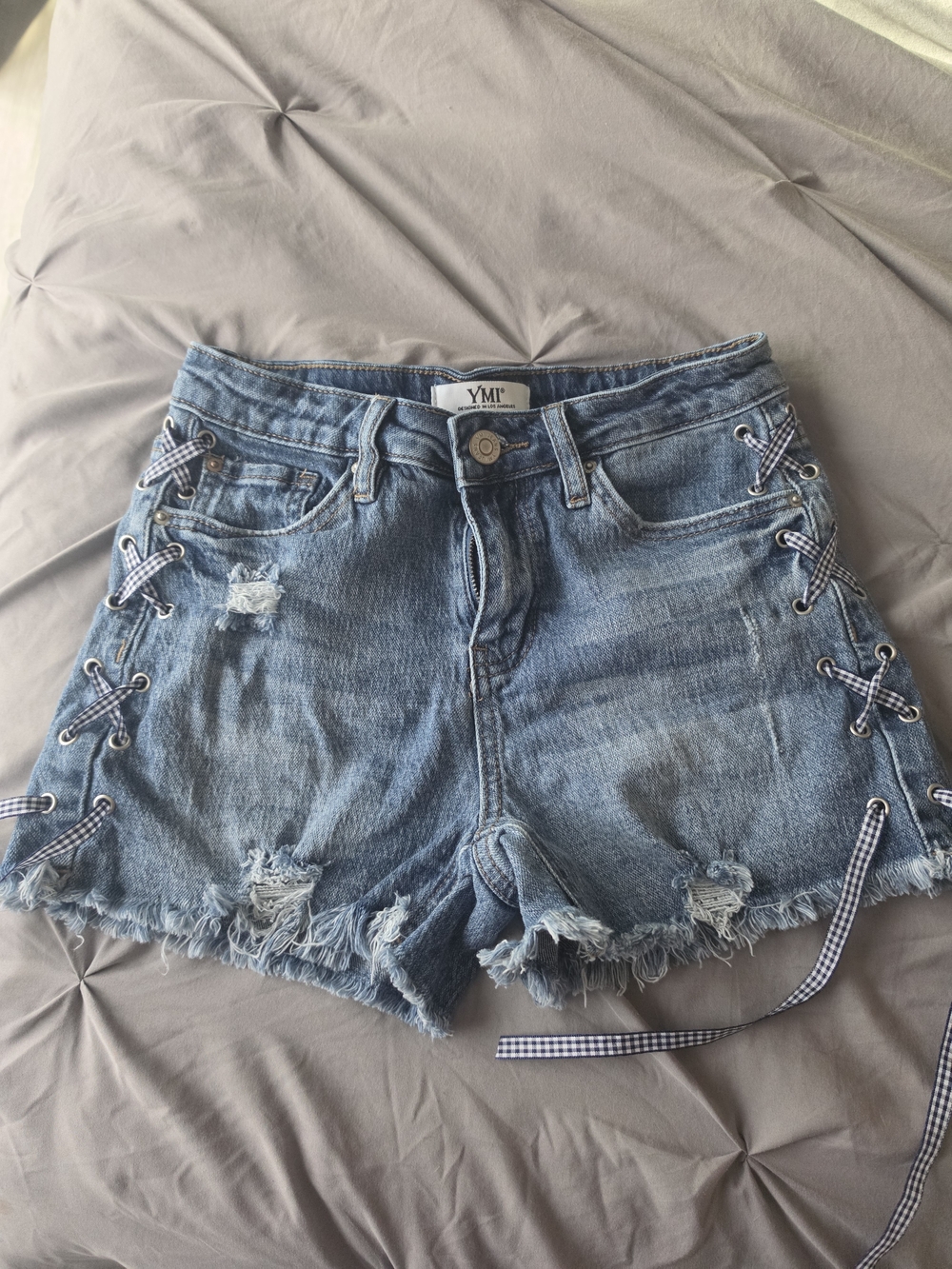 YMI Light Blue Distressed Denim Lace-Up Shorts